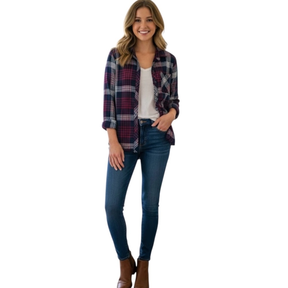 Rails Shirt Button Up Top Blouse Burgundy Plaid Western Boho Fleece